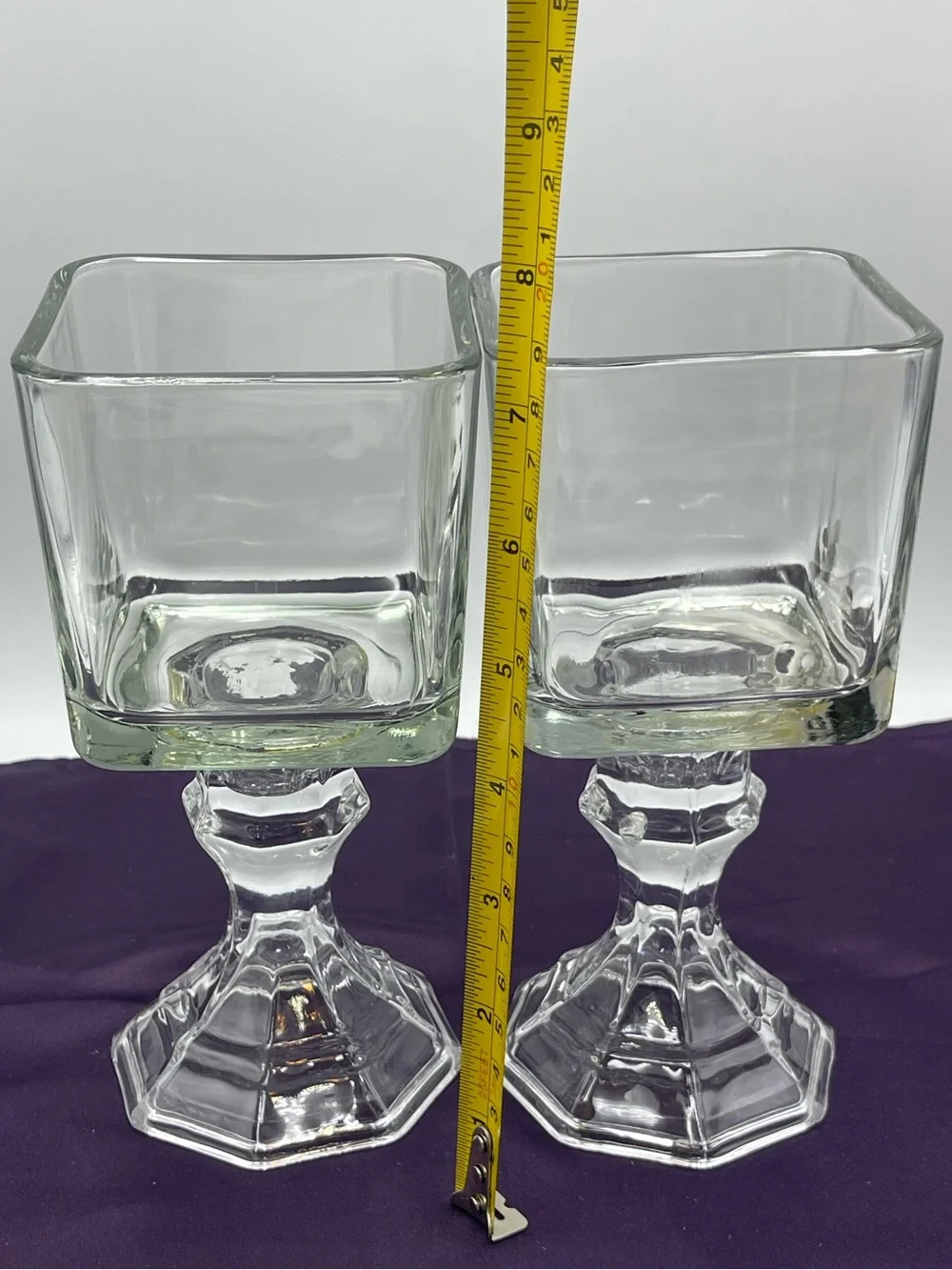 Vintage Pressed Glass Candle Holders Square Top Hexagonal Stem Pedestal Set of 2